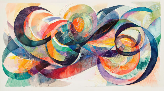 A large abstract artwork showcases a lively blend of swirling shapes and vivid colors. The dynamic composition invites viewers to explore its energetic flow and intricate details