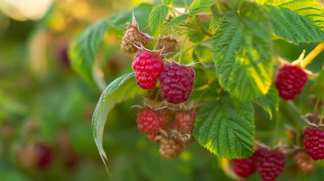 Ripe red raspberries hang on vibrant green branches illuminated by soft golden sunlight in a natural outdoor garden setting. Concept of organic farming and fresh produce