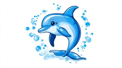 Obraz premium Playful Dolphin Ocean Bubbles - A cheerful cartoon dolphin leaps from the ocean, surrounded by bubbles. Symbolizing joy, freedom, marine life, aquatic fun, and playful energy.