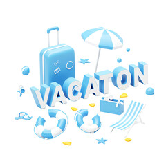 Fototapeta premium 3D Isometric Typography of VACATION with Beach Elements and Light Blue Suitcase on Transparent Background