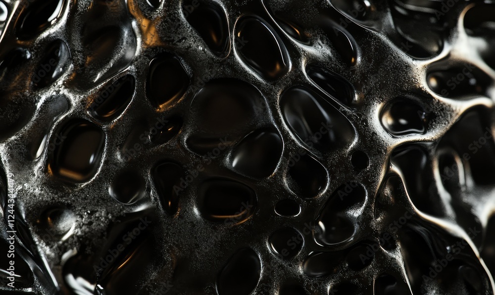 Poster macro shot of black droplets on a metallic surface, revealing intricate textures with subtle reflect