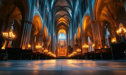 Magnificent gothic cathedral interior with soaring arches and glowing candles, a tranquil space of awe and reverence.