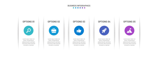 Horizontal progress bar featuring 5 arrow-shaped elements, symbolizing the five stages of business strategy and progression. Clean timeline infographic design template. Vector for presentation