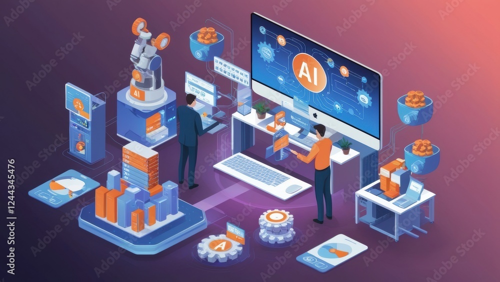 Poster AI technology illustration with a man working on a computer and various objects related to AI in the background.