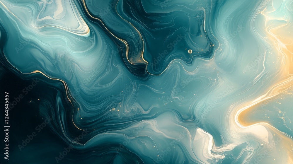 Poster artistic gradient fluid design in teal and gold tone with subtle dynamic pattern, suitable for luxur