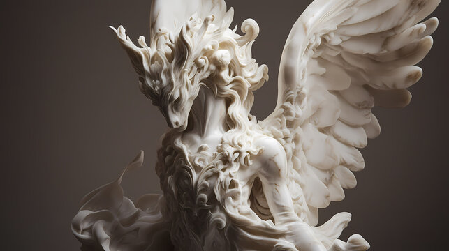 An intricate marble sculpture of a mythical creature, highlighting detailed craftsmanship and classical artistic techniques,. Monumental Structures. Illustration