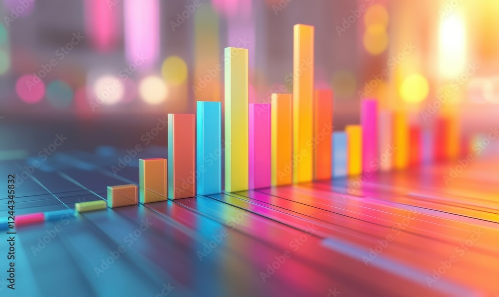 Poster minimalist 3d render of colorful bar charts and graphs, set against a soft pastel background, showca