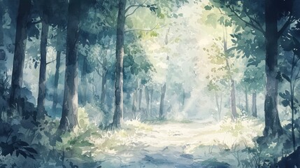 Obraz premium Soft light illuminates a serene forest clearing, surrounded by tall trees and lush greenery. Morning mist adds a peaceful ambiance to the tranquil setting