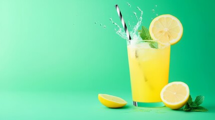 Fototapeta premium Refreshing Lemonade Splash - Zesty summer beverage, vibrant yellow, ice cubes, mint garnish, and lemon slices. Symbolizing refreshment, summer, health, vitality, and happiness.