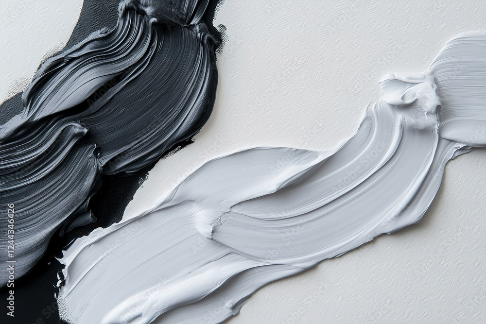 Poster monochrome acrylic strokes stretch across the canvas, showcasing a dynamic interplay of metallic sil