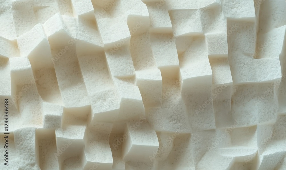 Poster minimalistic geometric abstraction of textured cubes in various shades of white, forming a modern 3d