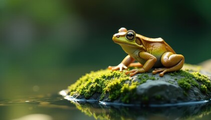Obraz premium A solitary frog rests on a mossy rock near water, eyes closed , green, story