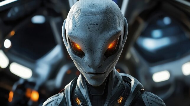 An alien figure stands prominently in a high-tech environment. The being features distinct facial characteristics and glowing eyes, suggesting advanced intelligence and enigma
