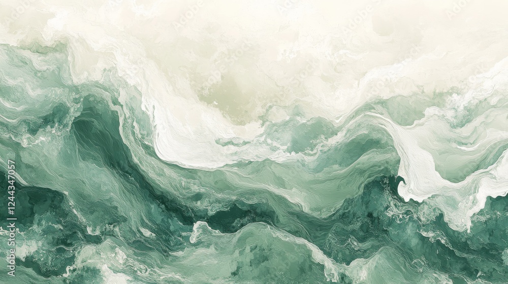 Poster abstract ocean-inspired wave pattern with textured shades of green and white creating a serene natur