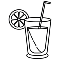 black-and-white line art drawing of a glass filled with liquid, with a straw placed 