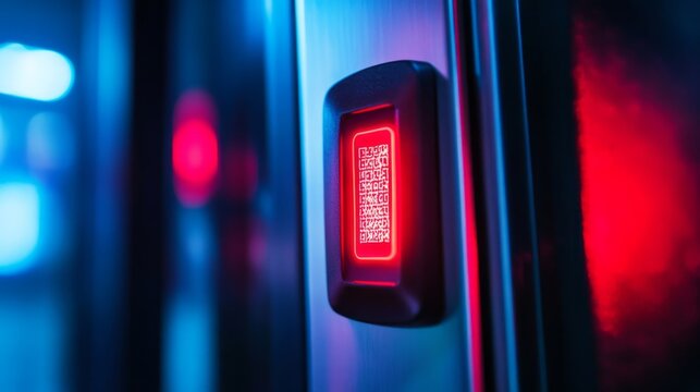 Red QR Code Scanner on a Steel Surface with Blue LED Lights
