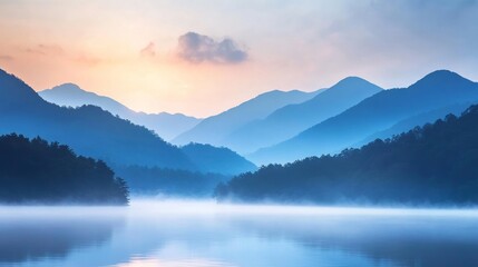 Fototapeta premium Serene Mountain Landscape with Misty Lake at Sunrise in Blue Hues