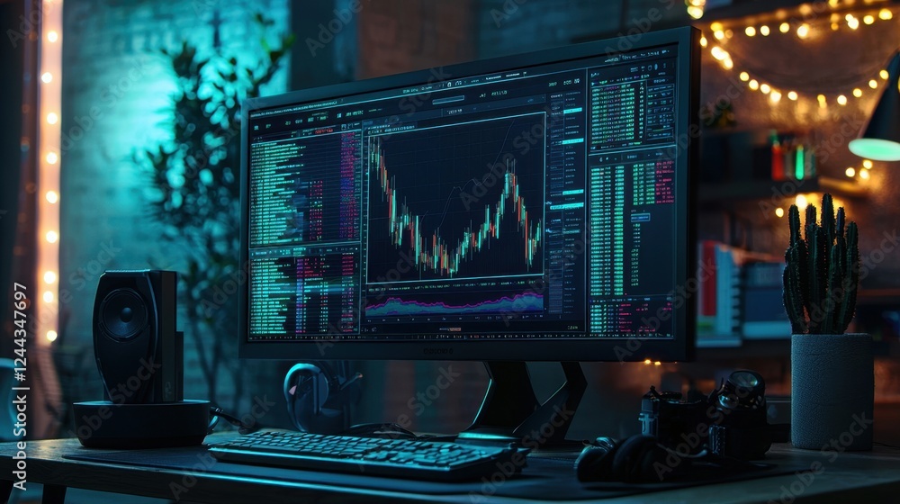 Aufkleber a sleek computer monitor displays financial charts and data in a stylish workspace. the setting is i