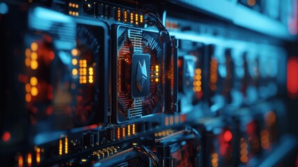 A detailed view of advanced graphics processing units mounted in a server, showcasing vibrant LED lights and a sleek design in a dim data center setting