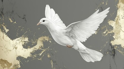 Fototapeta premium White Dove in Flight Against Grey Gold Background