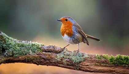 Delightful Robin Perched on Weathered Branch amidst the Serene Wilderness, Early Morning Light Dappling through the Trees, Creating a Peaceful Scene in a Tranquil Forest.