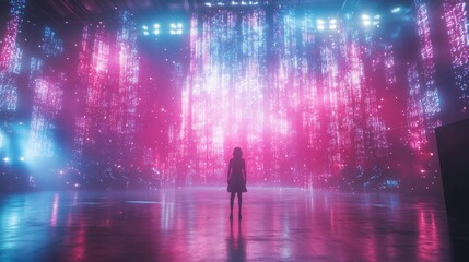 Girl silhouette surrounded by radiant pink and blue digital waterfall light suitable for virtual environment concept and futuristic design inspiration or gaming interface