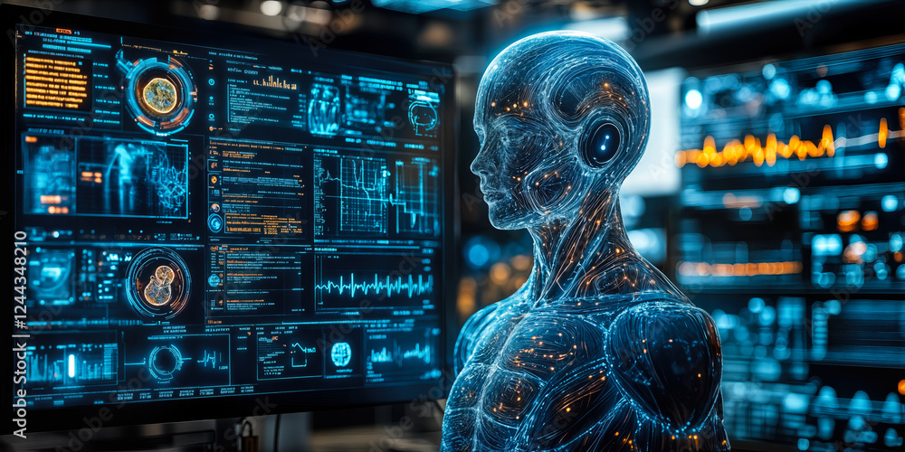 Poster ai-driven health management concept with digital interface and biometrics visualization
