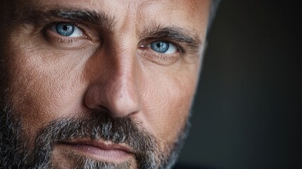 Obraz premium The man gazes thoughtfully, showcasing his striking blue eyes and well-groomed beard. The dark background emphasizes his strong facial features and expression, creating an intimate atmosphere