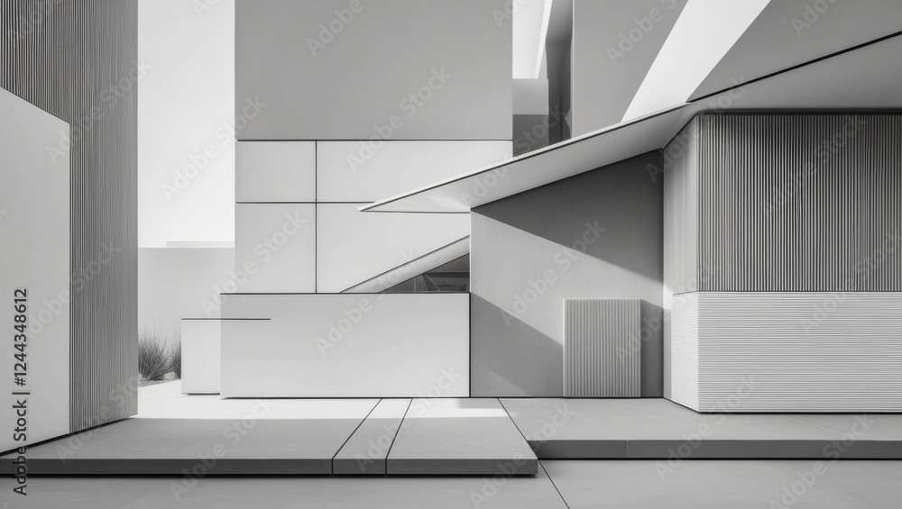 Poster modern architecture building with glass facade and open space