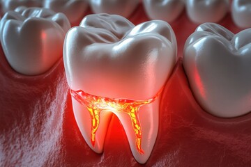 Red glow emanating from nerve endings of a 3D rendered molar under stress. Generative AI