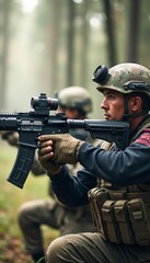 Fototapeta premium In a misty forest, a soldier clad in tactical gear aims a rifle with intense concentration, embodying determination and readiness. The soft light filtering through the trees enhances the atmosphere of