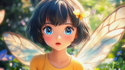 Magical anime fairy in a vibrant flower meadow surrounded by sunlight