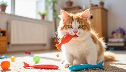 Playful cat holding toy fish in a bright living room