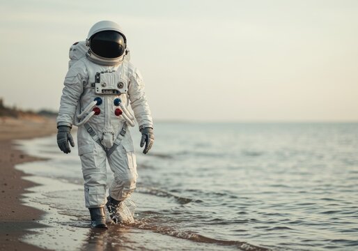 Close-up photo of an astronaut walking in the sea, wearing a white spacesuit and a black glass helmet, looking at the camera, with a blurred sky background.