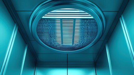 A futuristic view of an elevator's ceiling, featuring circular vents and blue lighting that creates a modern, sleek atmosphere.