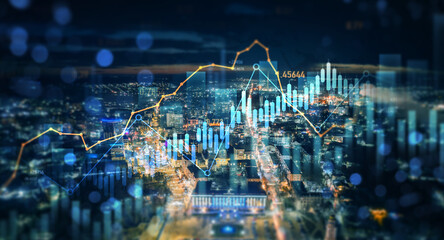 Investment analysis in real estate business development.Big data chart on city backdrop chart.Business development, financial plan and strategy.Analysis finance graph and market chart investment.	
