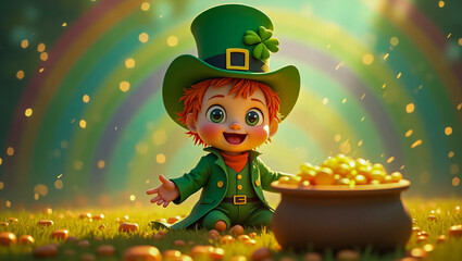 AI-generated image of a 3D animation-style leprechaun celebrating St. Patrick's Day with a rainbow and pot of gold