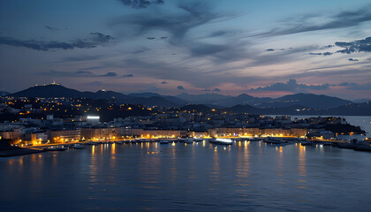 Obraz premium panorama di città costiera al tramonto illuminata dalle luci, Panorama of coastal city at sunset illuminated by lights