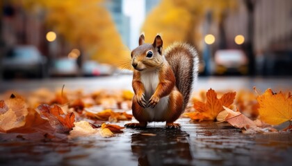 Vibrant Autumn Mood A Quirky Squirrel Frolics Amongst Autumn Leaves, Draped Across a Blurred Urban Backdrop During a Rainy Afternoon in the Heart of the City.