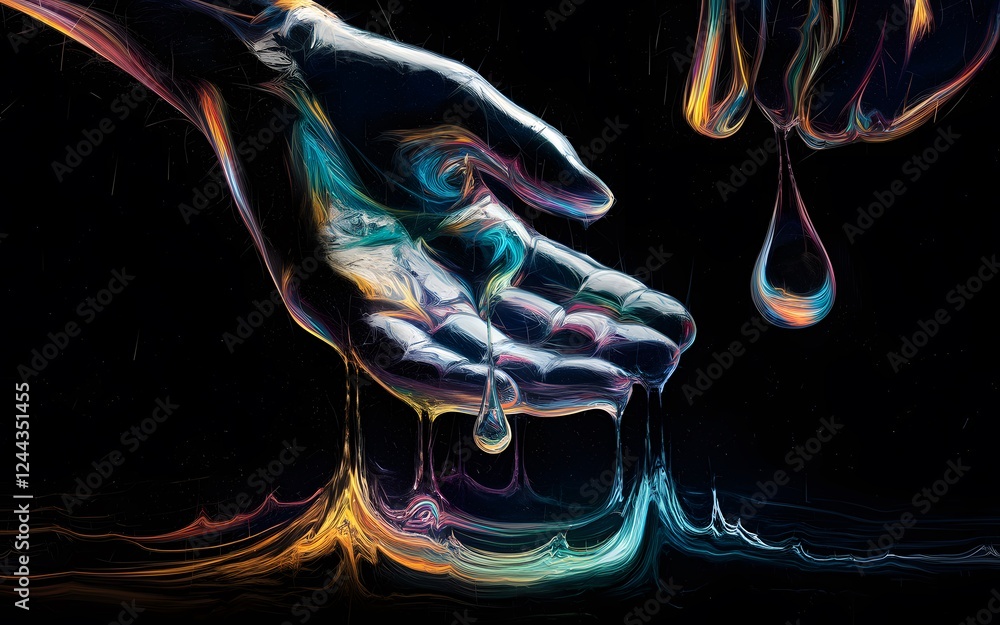 Poster hands create a colorful flow of liquid droplets against a dark background generative, ai