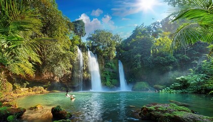 Fototapeta premium Vibrant Tropical Paradise Stunning Waterfall Amidst Lush Greenery and Buzzing Wildlife under a Bright Blue Sky at a Tropical Retreat