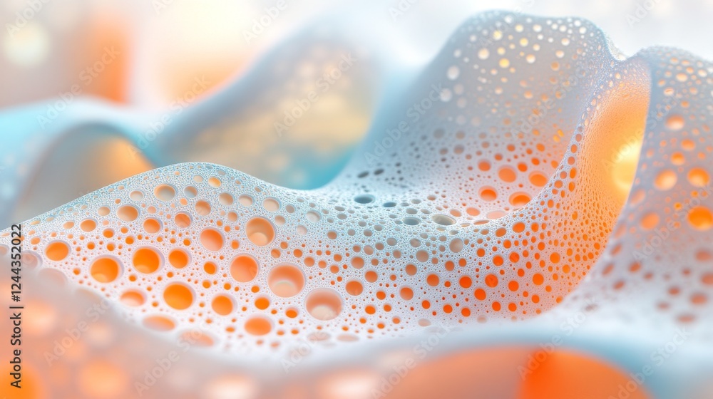Poster abstract surface with perforated textures and a soft gradient of blue and orange glow. ideal for fut