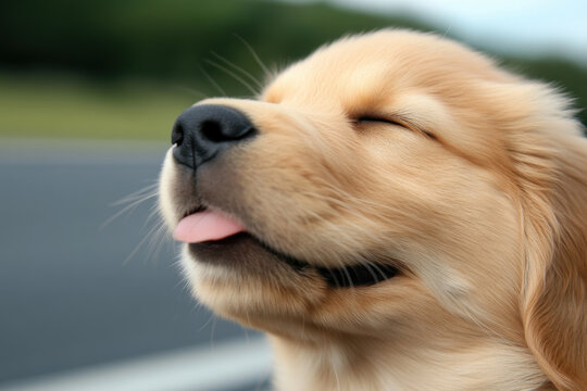 A small dog is smiling and licking its tongue