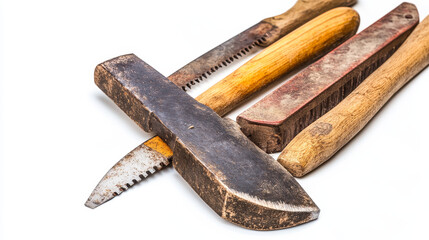 Axe with long handle and saw black tools silhouettes isolated on white background