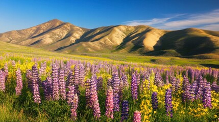 Fototapeta premium A Stunning Display of Springtime Lupines in a Mountain Meadow. A Breathtaking View of Wildflowers and Rolling Hills, Perfect for Nature Lovers.
