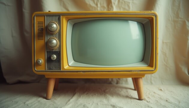 This charming vintage television set, adorned in a bright yellow hue, stands proudly on its wooden legs, evoking nostalgia for a bygone era. Its retro design features rounded edges and classic knobs