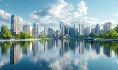 Fototapeta premium Modern skyline with glowing skyscrapers mirrored on a calm river, symbolizing urban elegance.