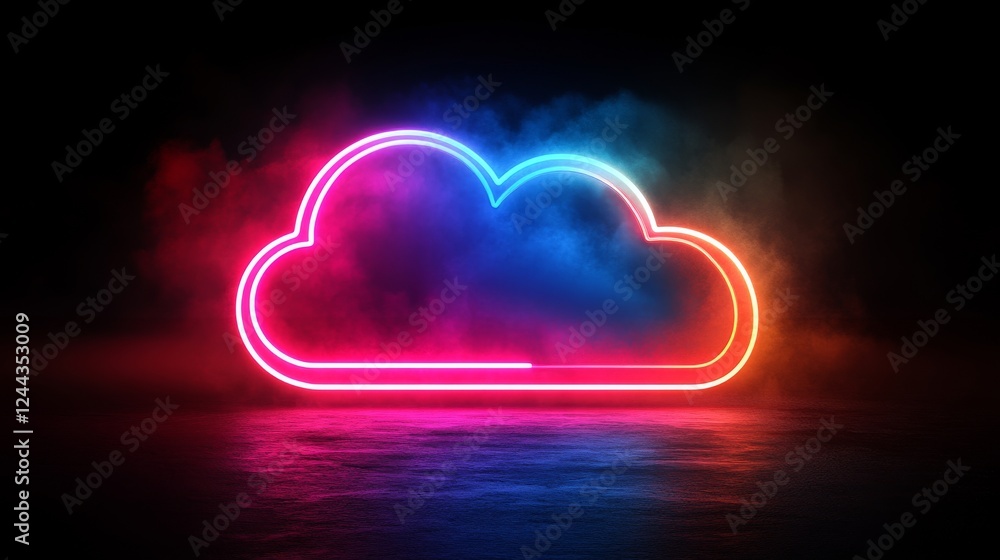 Poster neon glowing cloud with vibrant gradient colors in a futuristic setting. ideal for cloud computing, 