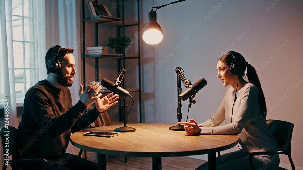 Aufkleber professional podcast recording capturing content creators discussing and sharing insights while work