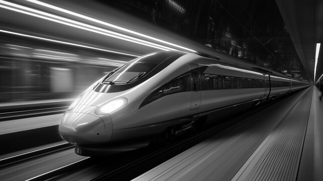 High-Speed Train Racing Along Tracks with Dynamic Motion and Futuristic Design in Urban Landscape
